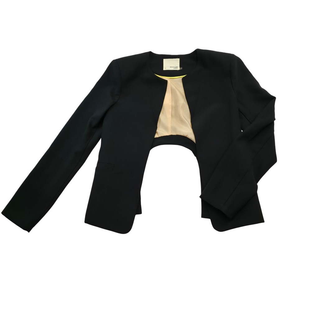 Mustard Seed Black Open Front Blazer Small Modern Chic Zip Back Retro Jacket